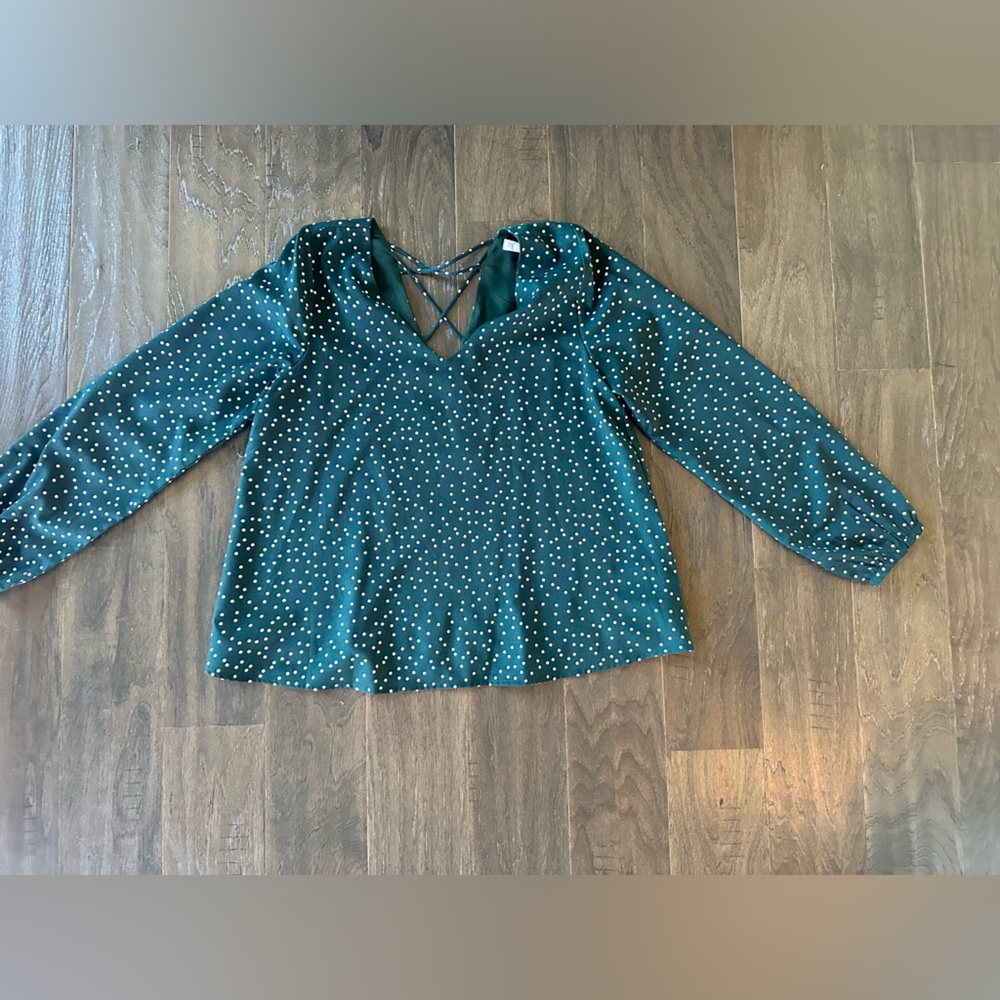 Long sleeve polka dot shirt with back detail.